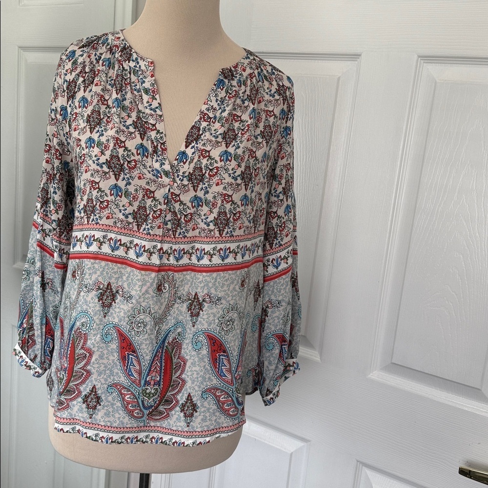 Fun 2 Fun  Zaila Split Neck Top Paisley Floral Print 3/4 sleeve